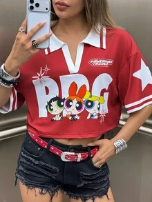 THE POWERPUFF GIRLS X SHEIN 女款卡通印花短版 T-shirt - 紅白色 - 查看 4