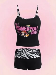 THE POWERPUFF GIRLS X SHEIN Women's Letter Print Cropped Camisole And Casual Zebra Print Shorts 2pcs Set - Black - View 1