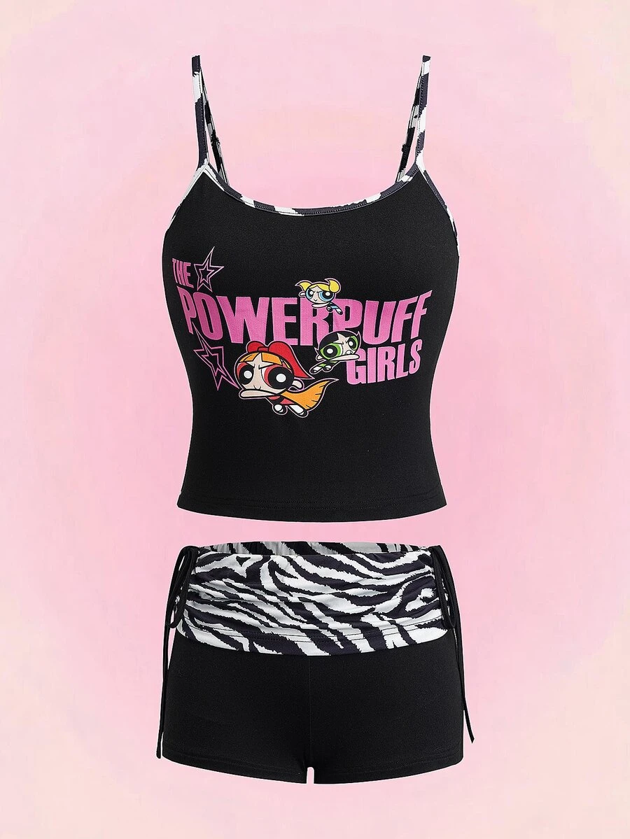 THE POWERPUFF GIRLS X SHEIN Women's Letter Print Cropped Camisole And Casual Zebra Print Shorts 2pcs Set - Black - View 1