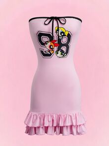 THE POWERPUFF GIRLS X SHEIN Women's Printed Ruffle Hem Tube Short Dress - Pink - View 1