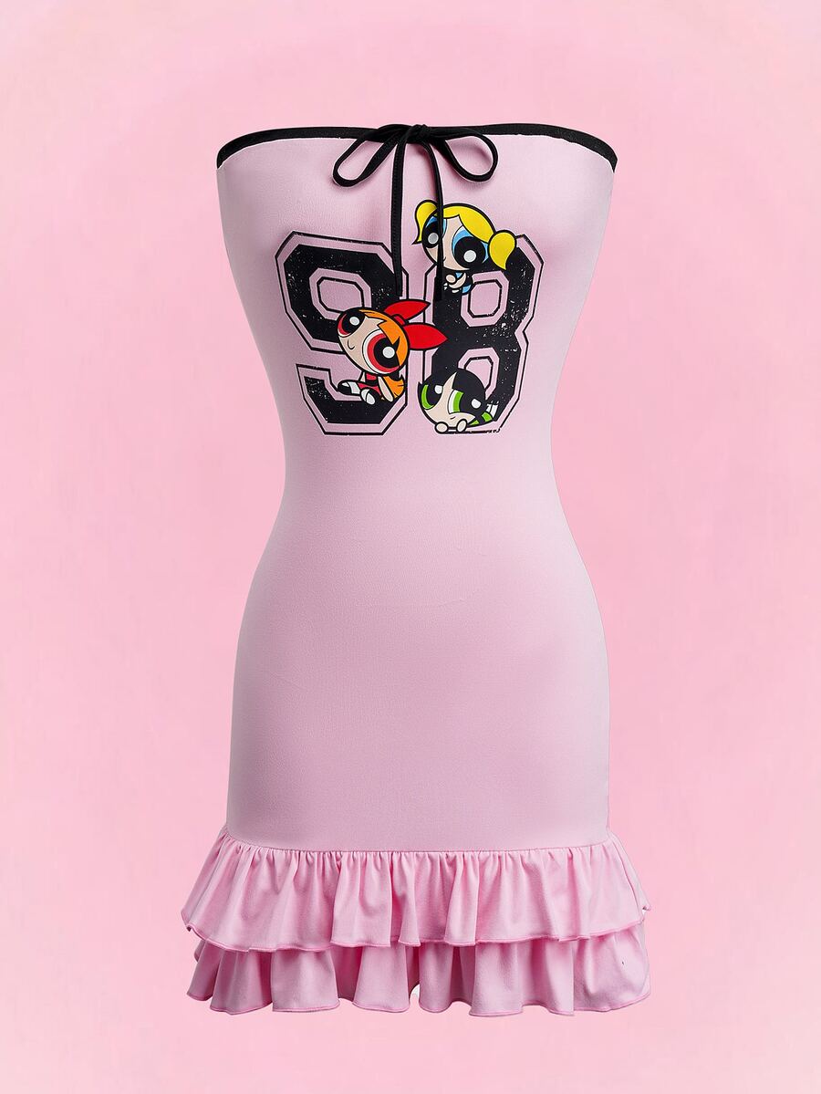 THE POWERPUFF GIRLS X SHEIN Women's Printed Ruffle Hem Tube Short Dress - Pink - View 1