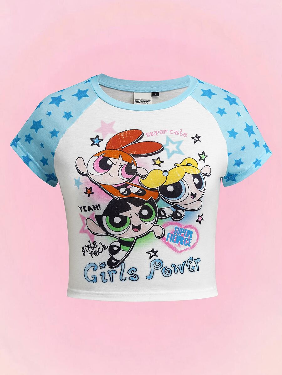 THE POWERPUFF GIRLS X SHEIN 女款休閒 Y2K 可愛卡通印花圓領短袖短版 T-shirt,日常上學穿著,白色夏季款 - 白色 - 查看 1