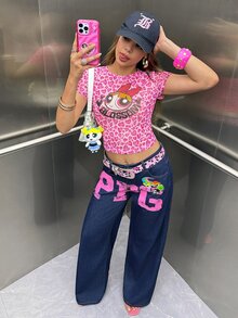 THE POWERPUFF GIRLS X SHEIN 女款豹紋圓領短袖短版上衣 日常約會穿搭 粉色豹紋 夏季可愛 Y2K 風格 - 粉色 - 查看 7