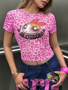 THE POWERPUFF GIRLS X SHEIN 女款豹紋圓領短袖短版上衣 日常約會穿搭 粉色豹紋 夏季可愛 Y2K 風格 - 粉色 - 查看 4