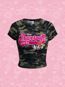 THE POWERPUFF GIRLS X SHEIN 女款橄欖綠插肩袖短袖T恤，適合夜生活、夏季、Y2K街頭風、日常外出 - 軍綠色 - 查看 1