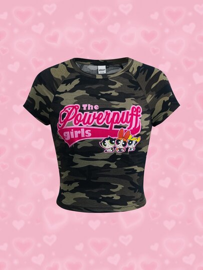 THE POWERPUFF GIRLS X SHEIN T-shirt à manches courtes raglan vert olive pour femmes, soirée, été, Y2K années 2000