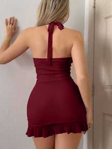 SHEIN ICON Y2k 夏季挂脖领带、荷叶边、透明网眼裹身迷你粉色连衣裙 - 酒紅色 - 查看 3