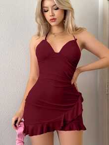 SHEIN ICON Y2k 夏季挂脖领带、荷叶边、透明网眼裹身迷你粉色连衣裙 - 酒紅色 - 查看 4