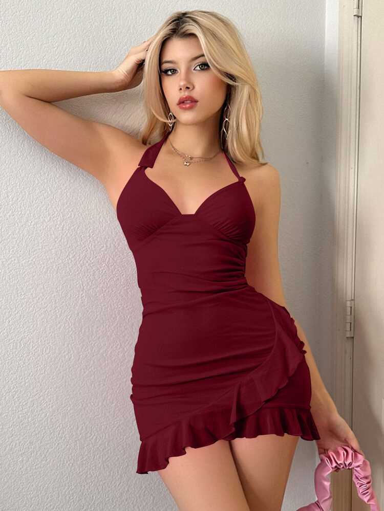 SHEIN ICON Y2k Summer Halter Neck Tie, Ruffle Edge, Sheer Mesh Wrap Mini Pink Dress - Burgundy - View 2