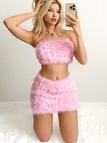 SHEIN ICON Y2K 女士短款毛绒抹胸和低腰毛绒迷你裙套装 - 粉色 - 查看 6