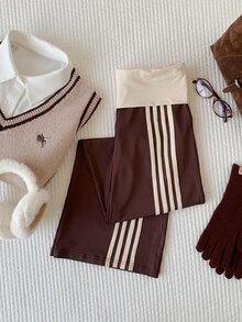 Comfortcana 女款拼色條紋拼接時尚休閒長褲，適合日常穿著 - 咖啡棕 - 查看 7