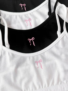 SHEIN 4件組 青少年女孩蝴蝶結印花短版細肩帶背心 - 彩色 - 查看 3