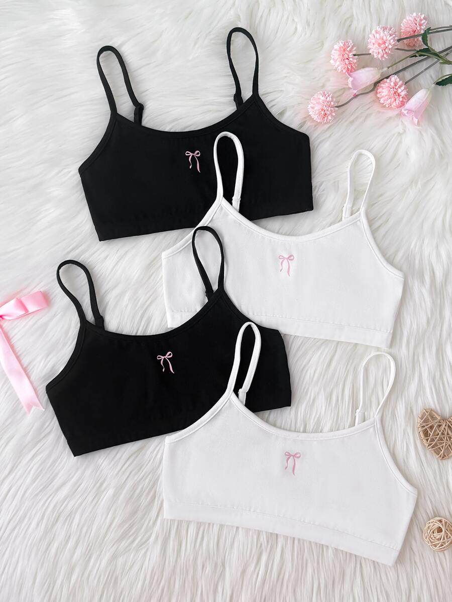 SHEIN 4件組 青少年女孩蝴蝶結印花短版細肩帶背心 - 彩色 - 查看 1