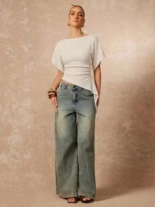 Lumalex 夏季米色船領寬短袖收腰不對稱蝴蝶結女款T恤，海灘度假法式優雅休閒派對風 - 卡其色 - 查看 3