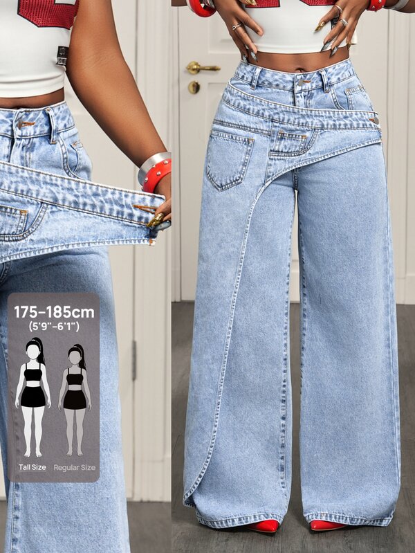 SHEIN Tall بنطلون جينز نسائي بقصة واسعة الساق مع جيب غير متماثل وأزرار، كاجوال متعدد الاستخدامات للارتداء اليومي والخروج والمكتب، أزرق فاتح، صيفي، للنساء الطويلات
