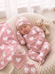 SHEIN Vintaside Kids 新生兒紫色圓點愛心花卉印花圓領長袖連身足襪睡衣休閒西式秋季嬰兒房居家睡眠裝 - 彩色 - 查看 5