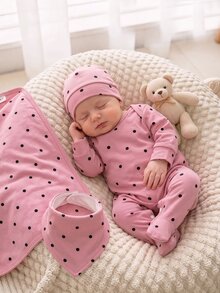 SHEIN Vintaside Kids 新生兒紫色圓點愛心花卉印花圓領長袖連身足襪睡衣休閒西式秋季嬰兒房居家睡眠裝 - 彩色 - 查看 6
