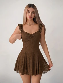 SHEIN ICON Women's Solid Color Ruffle Back Tie Fashion Mini Dress - Brown - View 4
