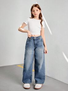 SHEIN Streecool 青少年女孩復古休閒寬鬆寬腿牛仔褲，水藍色，夏季街頭風校園返校棉質丹寧彈性腰頭長褲 - 中等水洗藍 - 查看 3