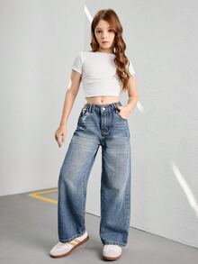 SHEIN Streecool 青少年女孩復古休閒寬鬆寬腿牛仔褲，水藍色，夏季街頭風校園返校棉質丹寧彈性腰頭長褲 - 中等水洗藍 - 查看 5