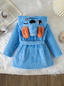 LMoss Kids 可愛動物圖案男嬰絨毛家居服，附3D耳朵裝飾，適合秋冬穿著，長袖 - 藍色 - 查看 2