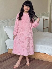 SHEIN 青少年女孩冬季蝴蝶愛心圖案袋鼠口袋睡裙居家服秋季 - 粉色 - 查看 6