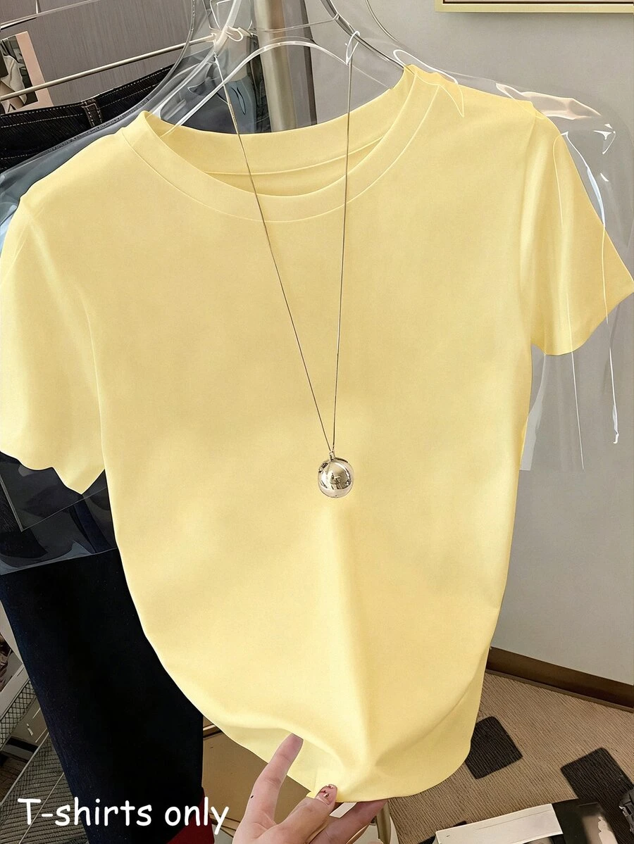 SHEIN Women's Solid Color Round Neck Casual Versatile Daily Wear Short Sleeve T-Shirt - Yellow - View 1