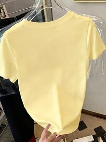 SHEIN Women's Solid Color Round Neck Casual Versatile Daily Wear Short Sleeve T-Shirt - Yellow - View 2