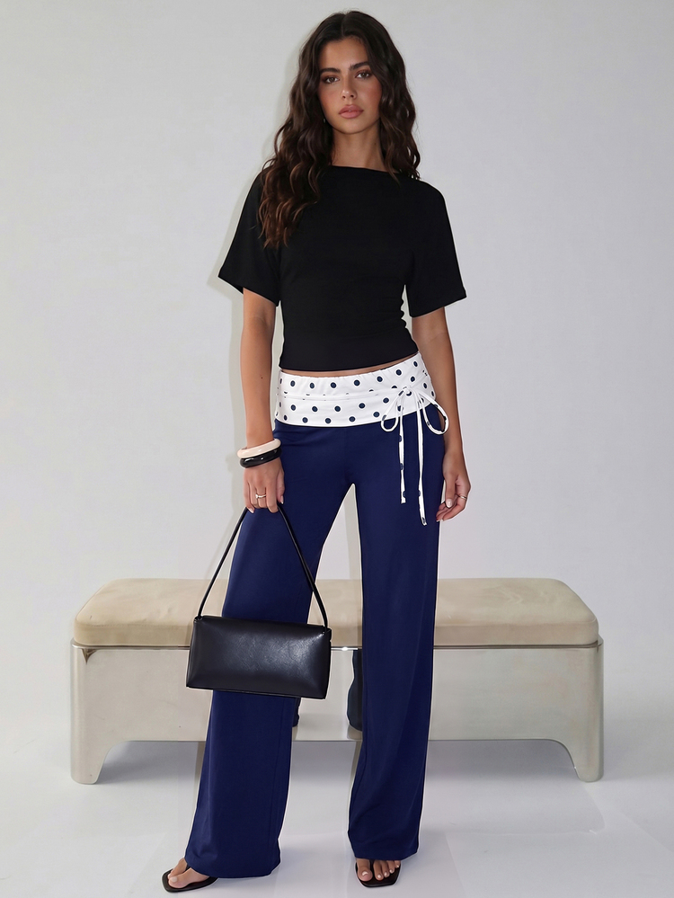 Aloruh Women's Summer New Black Elegant Sexy Casual Daily Commute Date Dinner Minimalist Cute Fashionable Modern Low Waist Contrast Color Polka Dot Waist Tie Long Pants - Navy Blue - View 4