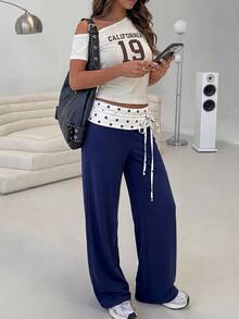 Aloruh 女款夏季新款黑色優雅性感休閒日常通勤約會晚餐簡約可愛時尚現代低腰對比色波點腰綁帶長褲 - 藏蓝色 - 查看 3