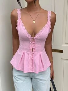 Aloruh Women's Elegant Casual Commute Top, Lace Trim Patchwork Solid Pink Sleeveless Blouse, Summer - Pink - View 4