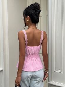 Aloruh Women's Elegant Casual Commute Top, Lace Trim Patchwork Solid Pink Sleeveless Blouse, Summer - Pink - View 2