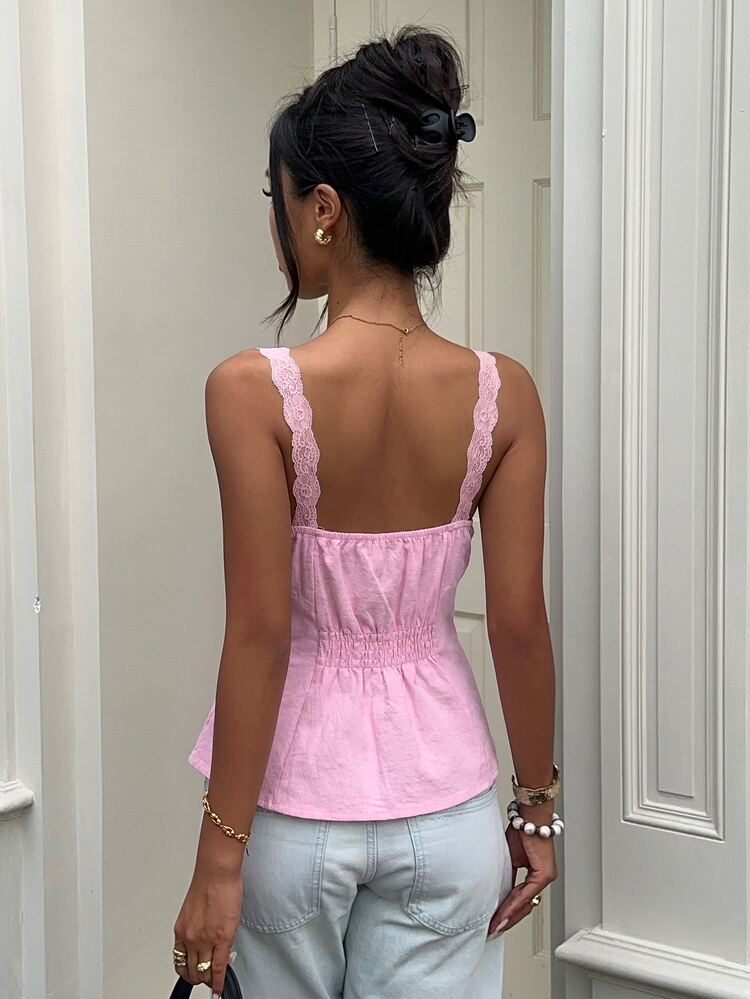 Aloruh Áo blouse nữ thanh lịch phong cách thường ngày đi làm, phối ren patchwork màu hồng trơn, sát nách, mùa hè - Hồng - Xem 2