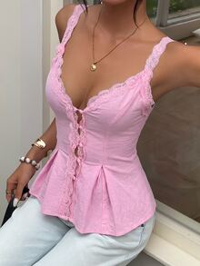 Aloruh Women's Elegant Casual Commute Top, Lace Trim Patchwork Solid Pink Sleeveless Blouse, Summer - Pink - View 5