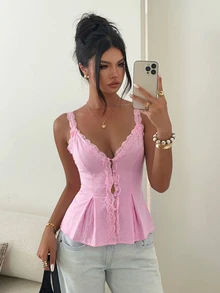 Aloruh Women's Elegant Casual Commute Top, Lace Trim Patchwork Solid Pink Sleeveless Blouse, Summer - Pink - View 7