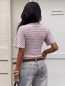 Aloruh 女款春夏V領寬鬆條紋短袖T恤，適合街頭風休閒與日常穿著，早午餐灰色格紋 - 藕粉色 - 查看 2