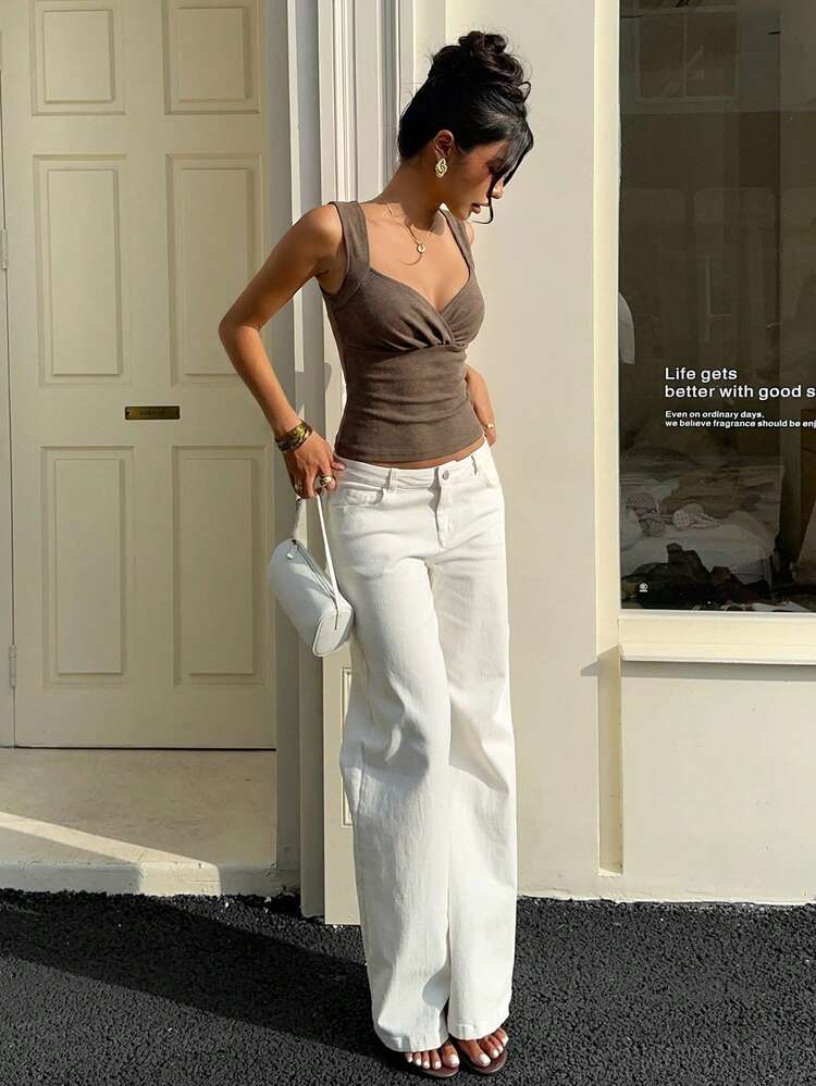 Aloruh Women's French Minimalist Casual Commute Versatile Daily Hot Girl Slim Fit Flattering Ruched Design Tank Top - Coffee Brown - View 6