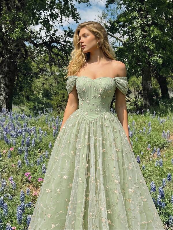 SHEIN MOD Plus Size Women's Elegant Ninang Open Shoulder Embroidered Cinched Waist Midi Dress, Green, For Prom, Wedding Guest, Graduation Season, Luxury Summer