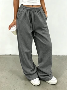 SHEIN 女款直筒寬鬆長款運動褲，休閒四季通用褲，優雅舒適設計，休閒戶外運動褲，深灰色休閒運動長褲 - 深灰色 - 查看 4