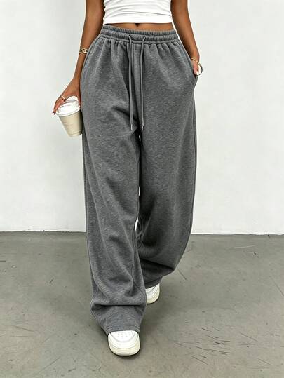 SHEIN Women's Straight Leg Loose Long Sports Pants, Casual All-Season Pants, Elegant Comfortable Design, Casual Outdoor Sports Pants, Dark Gray Casual Sweatpants