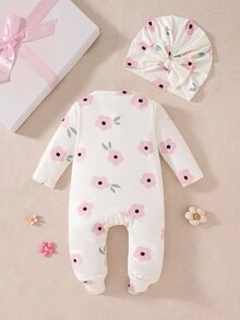 SHEIN 秋冬舒適新生兒蝴蝶結印花可愛嬰兒連身衣+帽子 1個月里程碑 攝影道具 托兒所用 黑白波點女嬰款 - 白色 - 查看 4