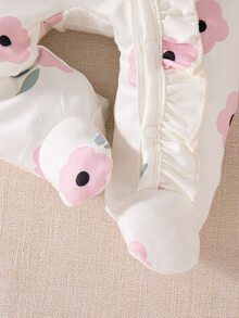 SHEIN 秋冬舒適新生兒蝴蝶結印花可愛嬰兒連身衣+帽子 1個月里程碑 攝影道具 托兒所用 黑白波點女嬰款 - 白色 - 查看 6