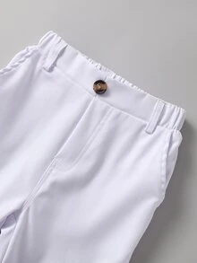 SHEIN 年轻男孩休闲纯色长裤，单纽扣装饰，斜口袋，松紧腰带设计，适合日常穿着、旅行、派对、度假，百搭时尚 - 白色 - 查看 4