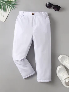 SHEIN 年轻男孩休闲纯色长裤，单纽扣装饰，斜口袋，松紧腰带设计，适合日常穿着、旅行、派对、度假，百搭时尚 - 白色 - 查看 3