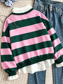 Genkimix Kids 青少年女孩學院風假兩件領口長袖粉綠條紋套頭衛衣上衣 返校服 秋季女童服飾 - 彩色 - 查看 2