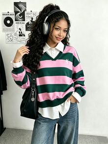 Genkimix Kids 青少年女孩學院風假兩件領口長袖粉綠條紋套頭衛衣上衣 返校服 秋季女童服飾 - 彩色 - 查看 7