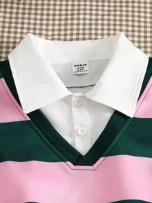 Genkimix Kids 青少年女孩學院風假兩件領口長袖粉綠條紋套頭衛衣上衣 返校服 秋季女童服飾 - 彩色 - 查看 4
