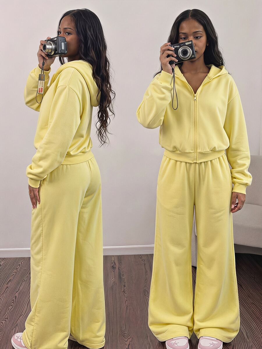 SHEIN 2件組女童大童套裝 連帽長袖拉鍊外套(腰部與袖口收邊)搭配短版連帽衫與鬆緊腰寬鬆寬腿休閒運動長褲,秋季 - 黃色 - 查看 1