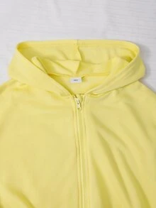 SHEIN 2件組女童大童套裝 連帽長袖拉鍊外套（腰部與袖口收邊）搭配短版連帽衫與鬆緊腰寬鬆寬腿休閒運動長褲，秋季 - 黃色 - 查看 3