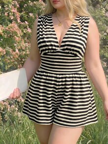 SHEIN MOD 大尺碼女款條紋深V領性感無袖連身褲 - 黑色 - 查看 7